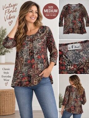 N touch Women's medium red floral blouse #24